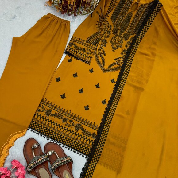Mustard pakistani kurti Pure cotton with embroidery work with dupatta and pujama - Picture 9 of 9